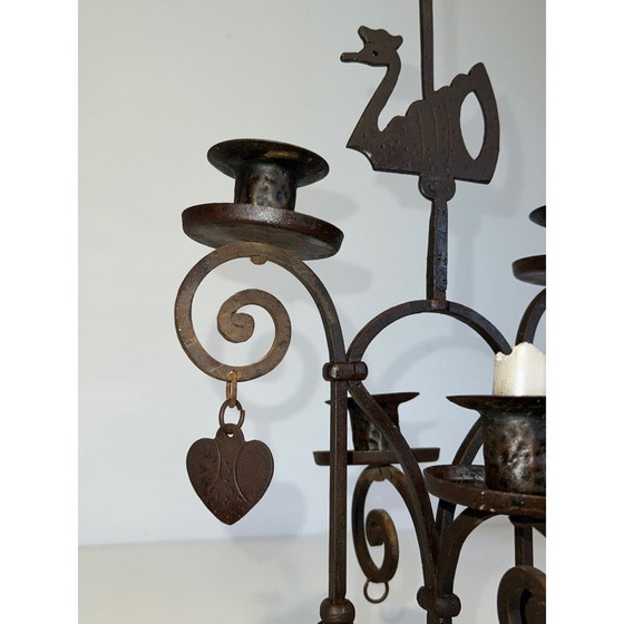 Image 1 of Vintage wrought iron candelabra with 2 lights representing a swan, France 1950