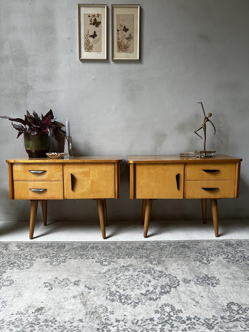 Set Of Two 60s Nightstands On Slender Wooden Legs