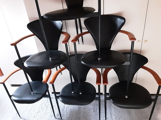 6x Arrben Italy Chairs With Continuous Wooden Armrests