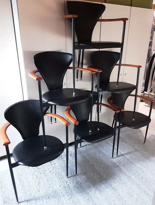 6x Arrben Italy Chairs With Continuous Wooden Armrests