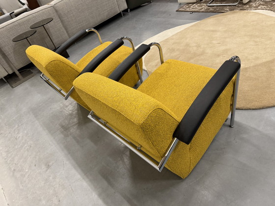 Image 1 of 2 Leolux Scylla Armchairs Fabric Yellow Black Armrests