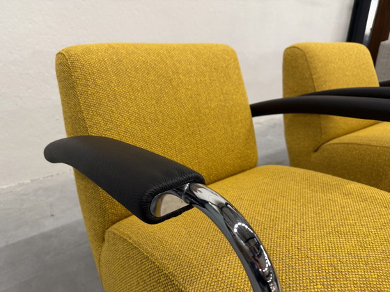 Image 1 of 2 Leolux Scylla Armchairs Fabric Yellow Black Armrests