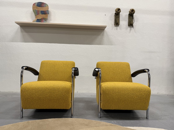 Image 1 of 2 Leolux Scylla Armchairs Fabric Yellow Black Armrests