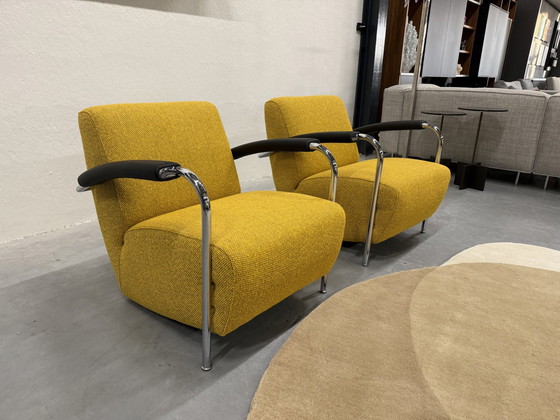 Image 1 of 2 Leolux Scylla Armchairs Fabric Yellow Black Armrests