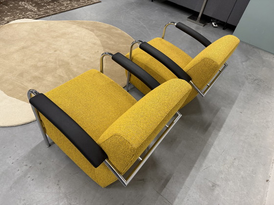 Image 1 of 2 Leolux Scylla Armchairs Fabric Yellow Black Armrests