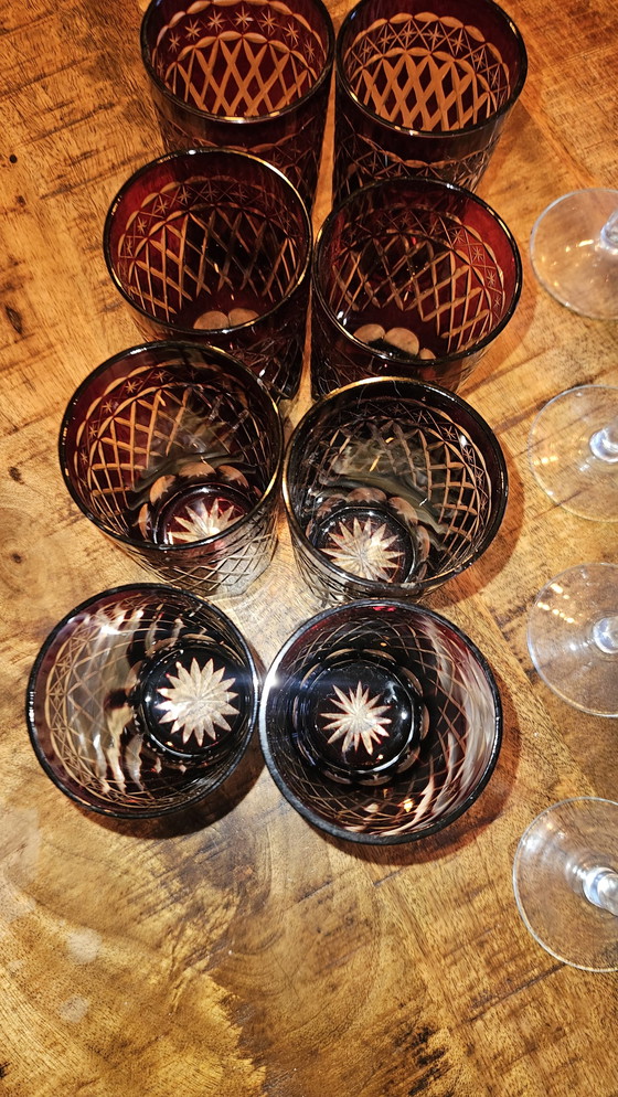 Image 1 of 8 Pieces Bohemian Ruby Red Cut To Clear Water Glasses