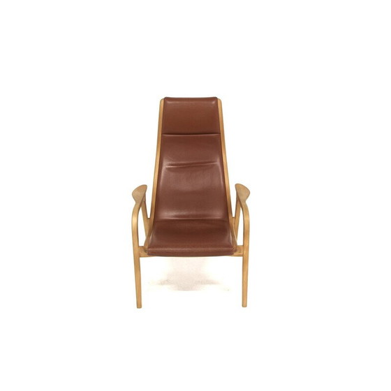 Image 1 of Vintage armchair in beech and brown leather by Lamino and Yngve Ekström for Swedese, Sweden 1970
