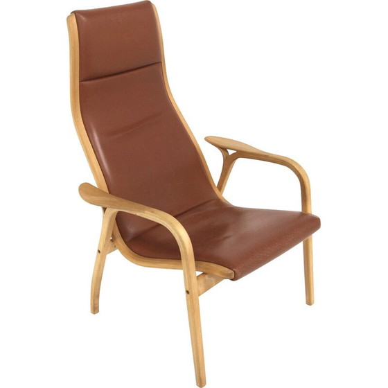Image 1 of Vintage armchair in beech and brown leather by Lamino and Yngve Ekström for Swedese, Sweden 1970