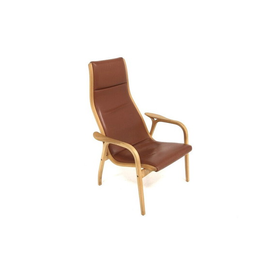 Image 1 of Vintage armchair in beech and brown leather by Lamino and Yngve Ekström for Swedese, Sweden 1970