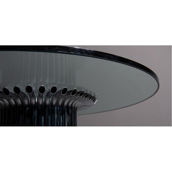 Image 1 of Tavolo da pranzo vintage Hollywood Regency con struttura cromata e piano in vetro