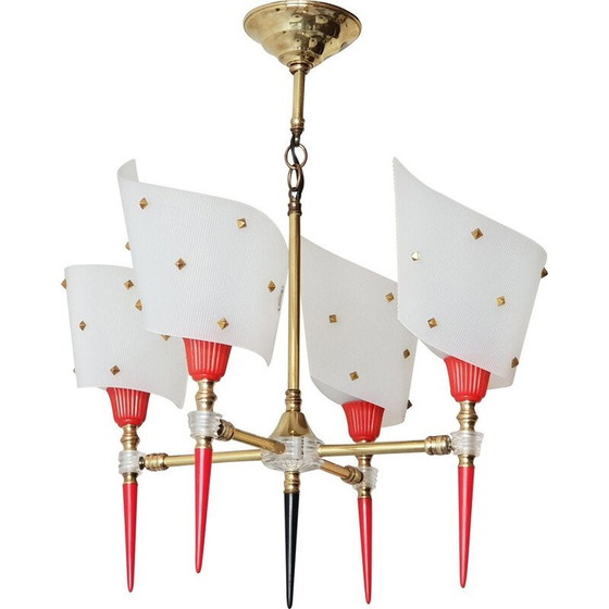 Image 1 of Vintage brass & plastic hanging lamp 1950s