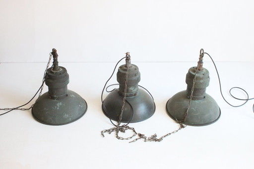 Industrial Copper Factory Pendant Lights, 1930S, Set Of 3