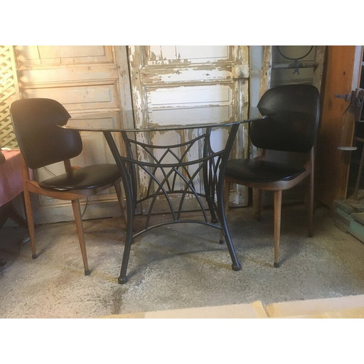 Pair of vintage Pegase beech and imitation leather chairs by Baumann, 1960