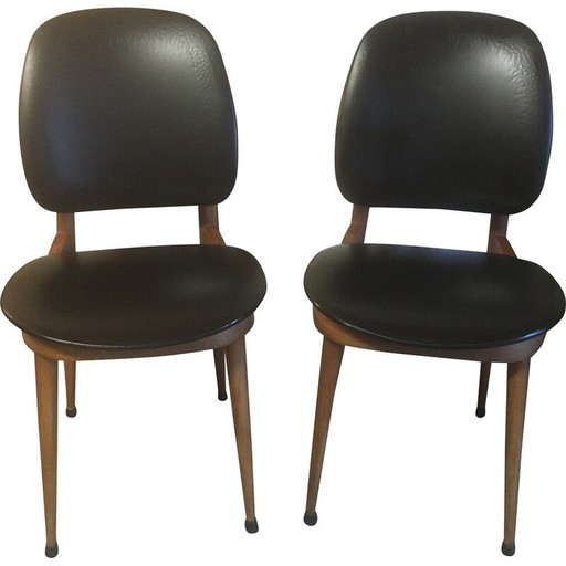 Pair of vintage Pegase beech and imitation leather chairs by Baumann, 1960