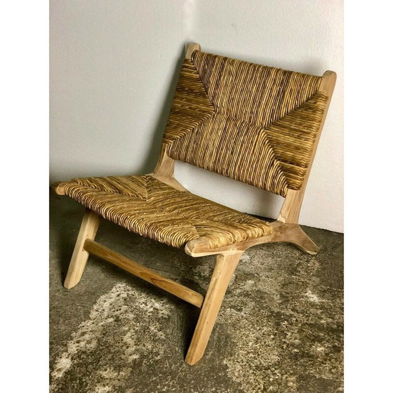 Image 1 of Vintage low armchair in raw teak and straw