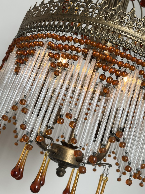 Image 1 of Stunning Italian opalescent Hollywood 1920s pendant lamp with transparent beads and smoked glass crystal rods. Fantastis