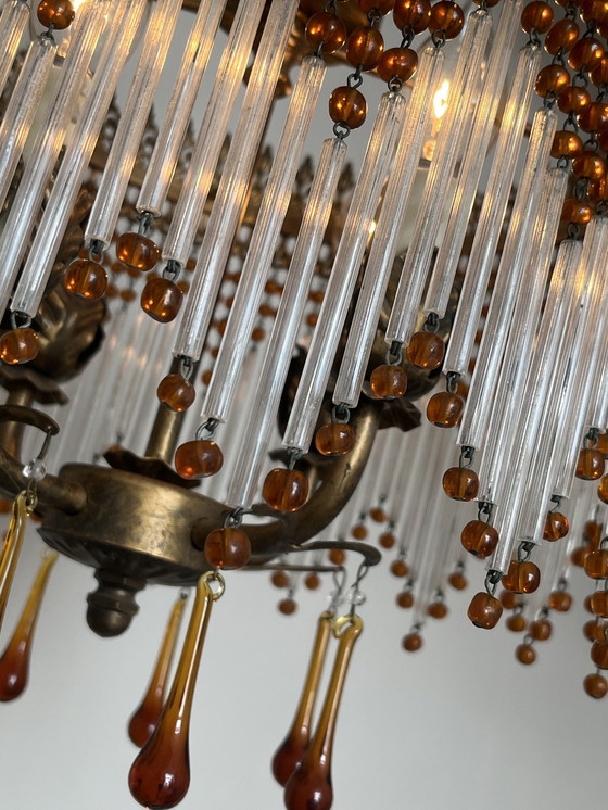 Image 1 of Stunning Italian opalescent Hollywood 1920s pendant lamp with transparent beads and smoked glass crystal rods. Fantastis