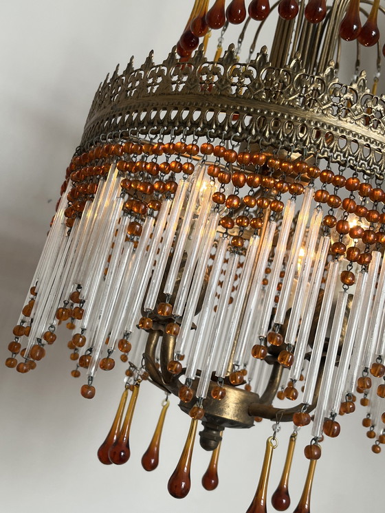 Image 1 of Stunning Italian opalescent Hollywood 1920s pendant lamp with transparent beads and smoked glass crystal rods. Fantastis