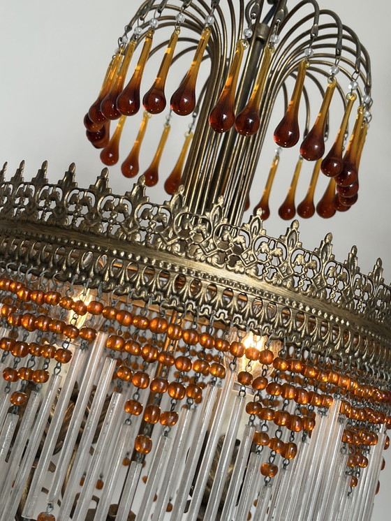 Image 1 of Stunning Italian opalescent Hollywood 1920s pendant lamp with transparent beads and smoked glass crystal rods. Fantastis