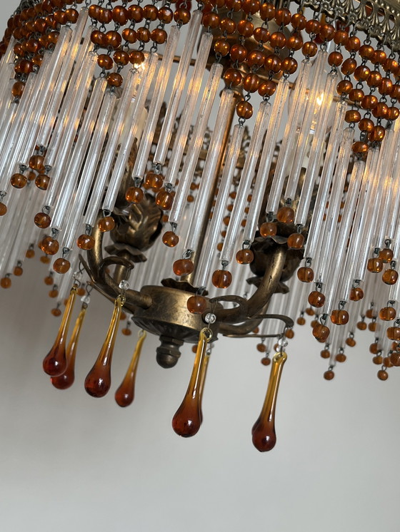 Image 1 of Stunning Italian opalescent Hollywood 1920s pendant lamp with transparent beads and smoked glass crystal rods. Fantastis