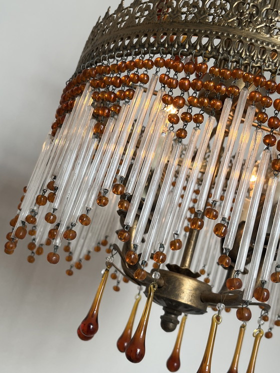 Image 1 of Stunning Italian opalescent Hollywood 1920s pendant lamp with transparent beads and smoked glass crystal rods. Fantastis