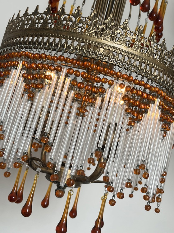 Image 1 of Stunning Italian opalescent Hollywood 1920s pendant lamp with transparent beads and smoked glass crystal rods. Fantastis