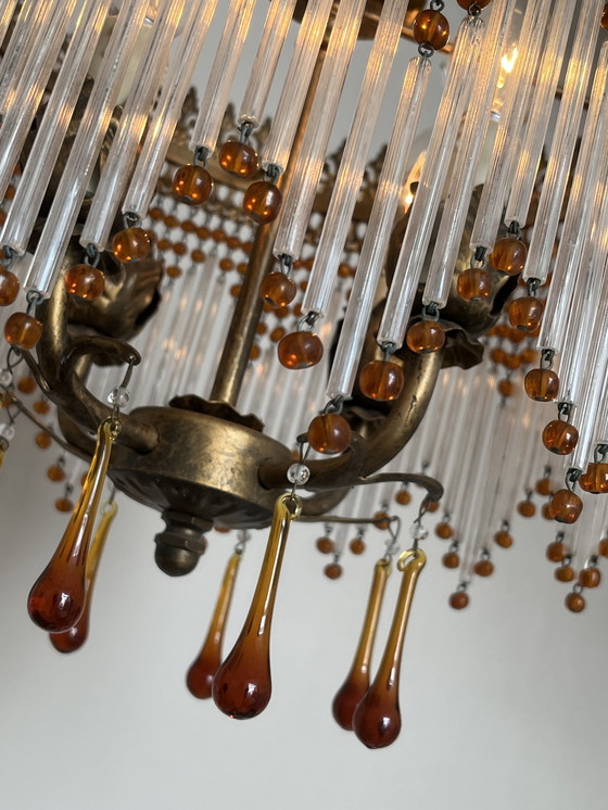 Image 1 of Stunning Italian opalescent Hollywood 1920s pendant lamp with transparent beads and smoked glass crystal rods. Fantastis