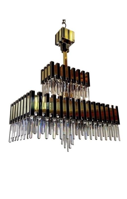 Bd Lumica Glass Chandelier With Brass Structure Design Willy Rizzo , Italy 1980