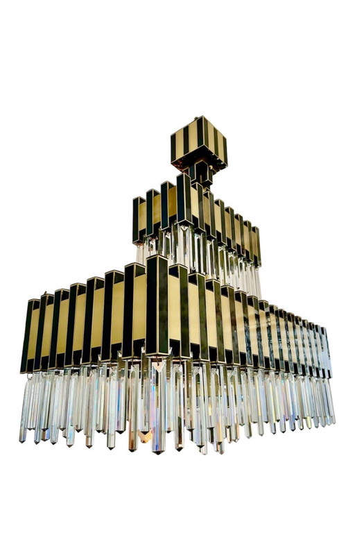 Bd Lumica Glass Chandelier With Brass Structure Design Willy Rizzo , Italy 1980