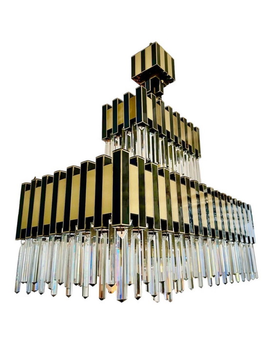 Image 1 of Bd Lumica Glass Chandelier With Brass Structure Design Willy Rizzo , Italy 1980