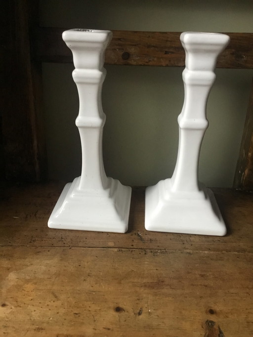 2x Delft white candlesticks