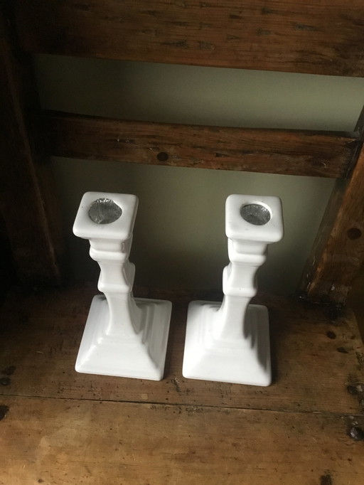 2x Delft white candlesticks