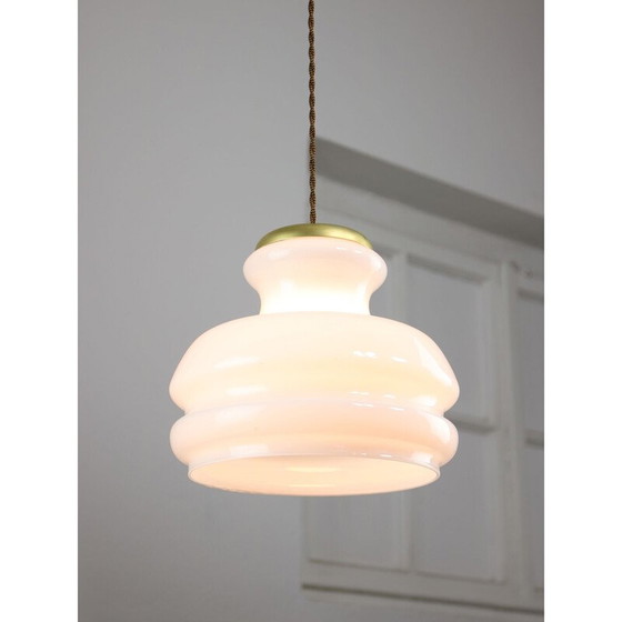 Image 1 of Vintage pendant lamp in brass and opaline glass, Italy 1950
