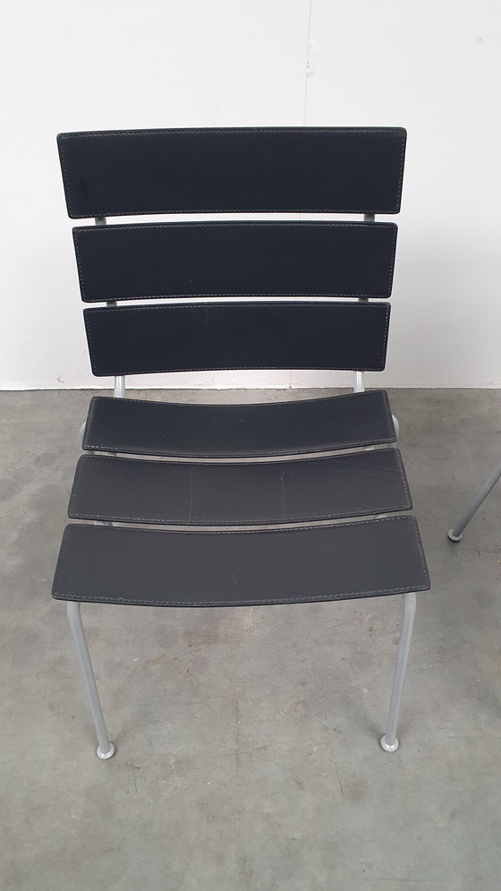 Image 1 of 4x Giancarlo Vegni Fasem Italy Stripe saddle leather chairs