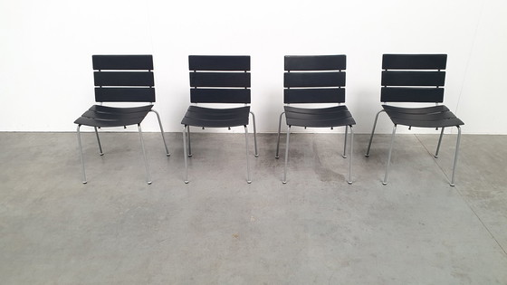 Image 1 of 4x Giancarlo Vegni Fasem Italy Stripe saddle leather chairs