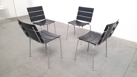 Image 1 of 4x Giancarlo Vegni Fasem Italy Stripe saddle leather chairs