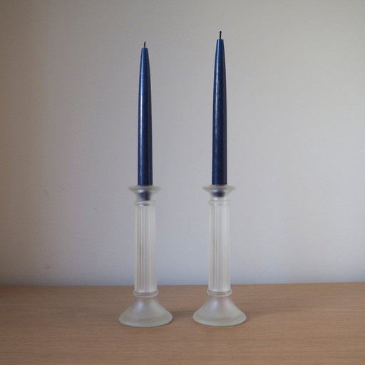 Pair Of 1970S Frosted Glass Koziol Candlesticks