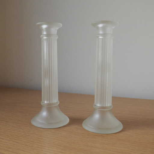 Pair Of 1970S Frosted Glass Koziol Candlesticks