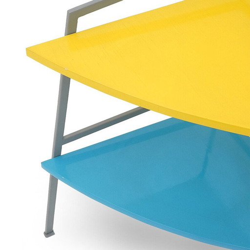 Mueble esquinero vintage de dos estantes, estilo posmoderno, años 80