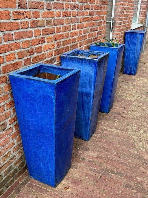 4x Blue Glazed Outdoor Pots