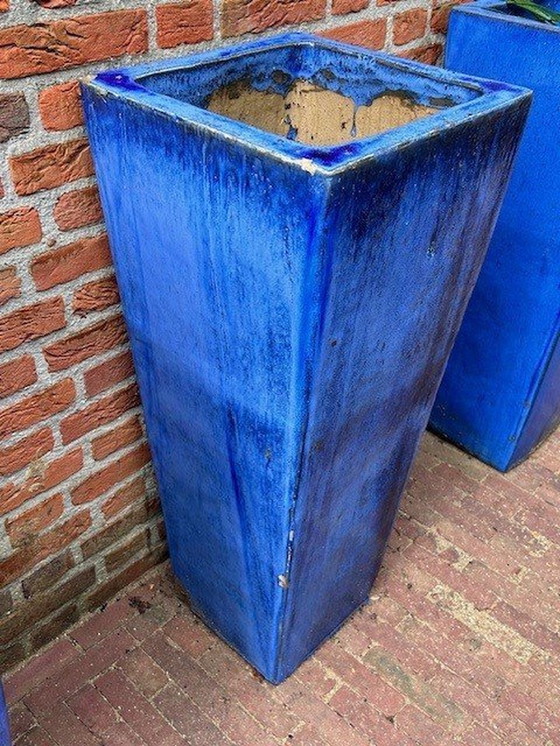 Image 1 of 4x Blue Glazed Outdoor Pots