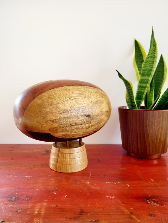 Image 1 of Wooden rugby ball on stand, handmade, full wood, France