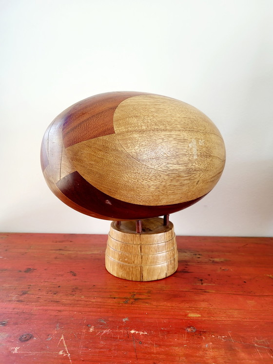 Image 1 of Wooden rugby ball on stand, handmade, full wood, France