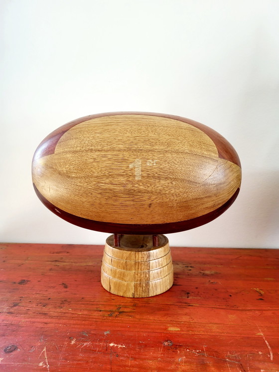 Image 1 of Wooden rugby ball on stand, handmade, full wood, France