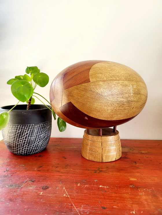 Image 1 of Wooden rugby ball on stand, handmade, full wood, France