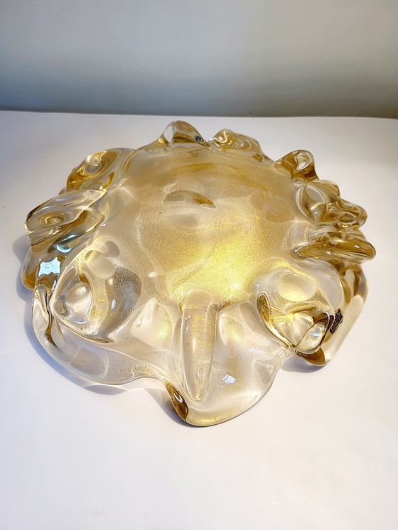 Image 1 of Murano XL center piece, "Goldoni" organic design clear murano glass with 24 carat gold leaf, Italy