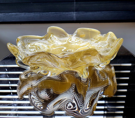 Murano XL center piece, "Goldoni" organic design clear murano glass with 24 carat gold leaf, Italy