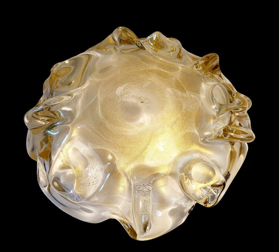 Image 1 of Murano XL center piece, "Goldoni" organic design clear murano glass with 24 carat gold leaf, Italy