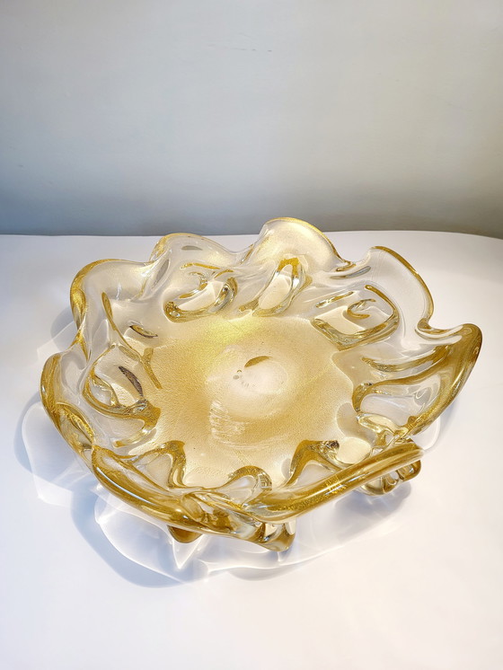 Image 1 of Murano XL center piece, "Goldoni" organic design clear murano glass with 24 carat gold leaf, Italy