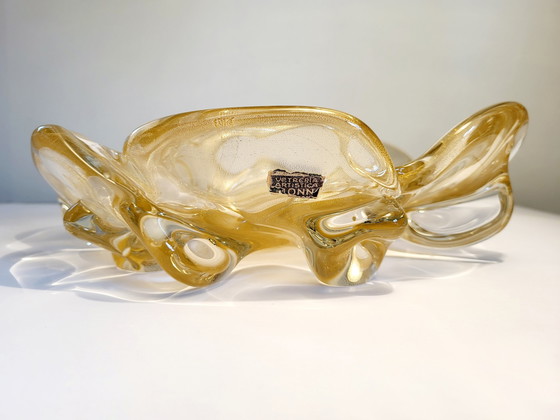 Image 1 of Murano XL center piece, "Goldoni" organic design clear murano glass with 24 carat gold leaf, Italy